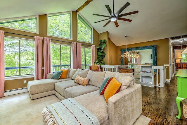 26 Freedman Ln, Monroe, CT 06468 - living room featuring ceiling fan, high vaulted ceiling, a baseboard radiator, healthy amount of natural light, and a chandelier