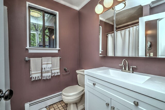 26 Freedman Ln, Monroe, CT 06468 - full bathroom featuring a baseboard heating unit, crown molding, vanity, toilet, and a shower with shower curtain