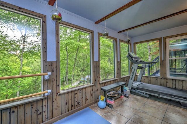 26 Freedman Ln, Monroe, CT 06468 - sunroom / solarium featuring wood walls, beamed ceiling, and tile patterned floors