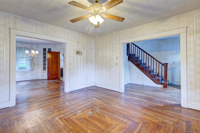 45 Perkins Ave, Norwich, CT 06360 - empty room featuring a chandelier, stairs, wallpapered walls, a ceiling fan, and crown molding