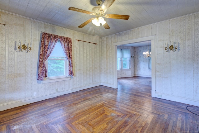 45 Perkins Ave, Norwich, CT 06360 - spare room featuring a chandelier, ceiling fan, crown molding, wallpapered walls, and baseboards
