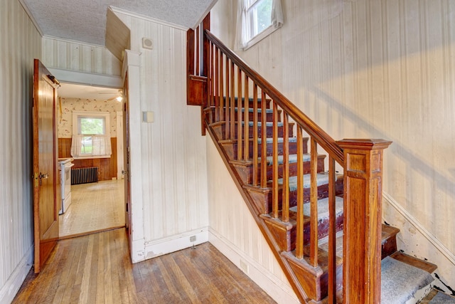 45 Perkins Ave, Norwich, CT 06360 - stairs with wallpapered walls, wood finished floors, radiator, a ceiling fan, and baseboards