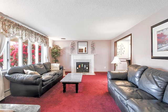 47 Delmont Rd, East Hartford, CT 06108 - carpeted living room with plenty of natural light, a textured ceiling, a baseboard heating unit, and a fireplace with flush hearth