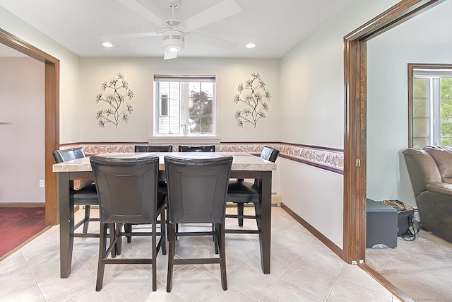 47 Delmont Rd, East Hartford, CT 06108 - dining area featuring a ceiling fan, a textured ceiling, recessed lighting, and light tile patterned floors