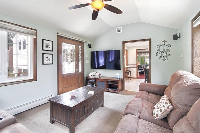 47 Delmont Rd, East Hartford, CT 06108 - living area with a baseboard radiator, light colored carpet, a ceiling fan, and vaulted ceiling