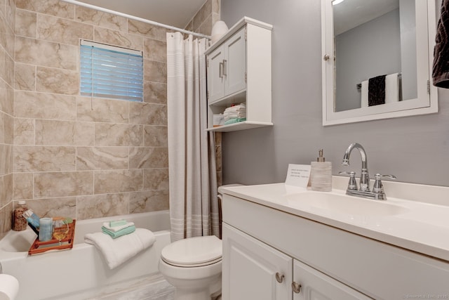 187 W Main St, East Lyme, CT 06357 - bathroom featuring vanity, shower / bath combination with curtain, and toilet
