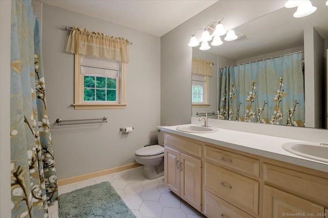 109 Edstrom Rd, Marlborough, CT 06447 - bathroom with double vanity, toilet, baseboards, tile patterned flooring, and a shower with curtain
