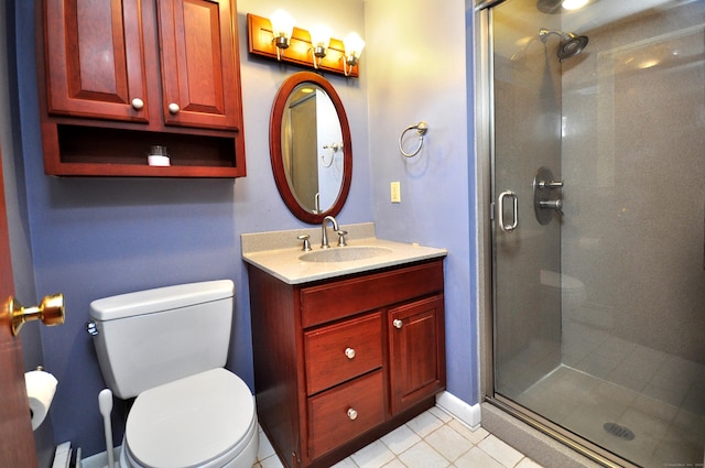 83 Elizabeth St, South Windsor, CT 06074 - full bathroom featuring toilet, vanity, a stall shower, tile patterned floors, and a baseboard radiator