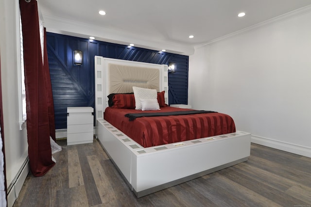 155 Cedar St, New Haven, CT 06519 - bedroom with baseboard heating, ornamental molding, wood finished floors, recessed lighting, and baseboards