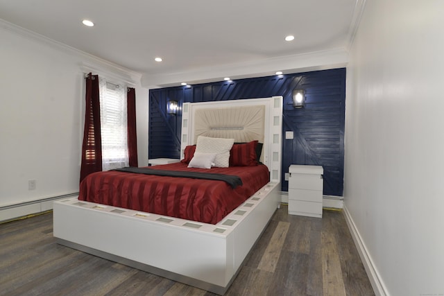 155 Cedar St, New Haven, CT 06519 - bedroom featuring crown molding, wood finished floors, recessed lighting, a baseboard radiator, and baseboards