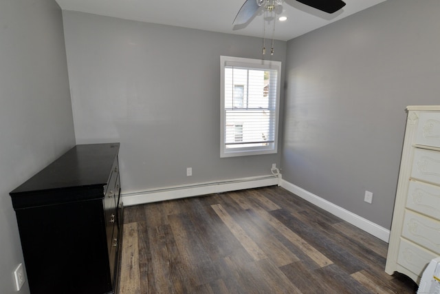 155 Cedar St, New Haven, CT 06519 - unfurnished bedroom featuring baseboard heating, dark wood-style floors, baseboards, and ceiling fan