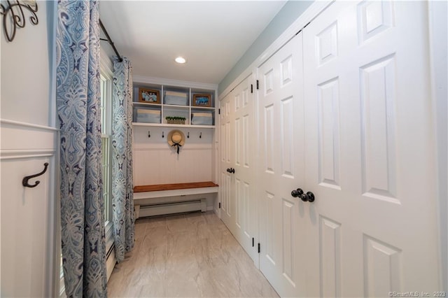 36 Old Johnson Ln, Middletown, CT 06457 - mudroom featuring a baseboard radiator, light marble finish floors, and recessed lighting