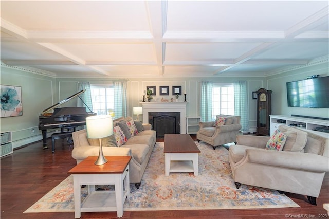 36 Old Johnson Ln, Middletown, CT 06457 - living area featuring coffered ceiling, healthy amount of natural light, a fireplace, wood finished floors, and beamed ceiling