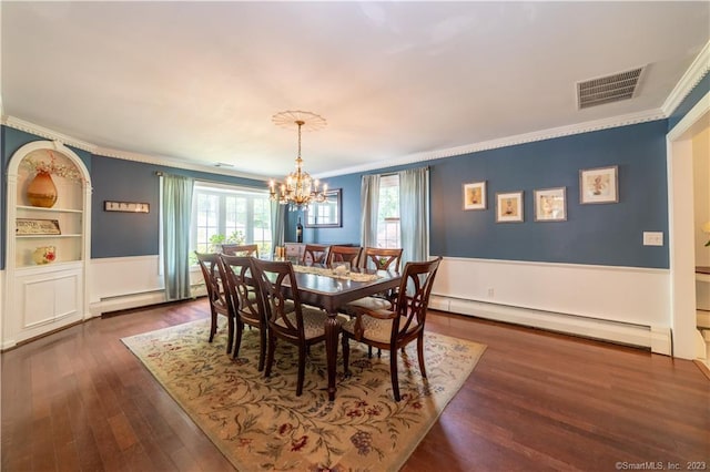 36 Old Johnson Ln, Middletown, CT 06457 - dining room featuring crown molding, baseboard heating, a chandelier, dark wood-style floors, and wainscoting