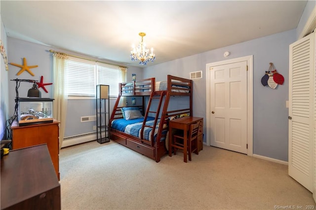 36 Old Johnson Ln, Middletown, CT 06457 - bedroom featuring baseboard heating, a chandelier, carpet, a closet, and baseboards
