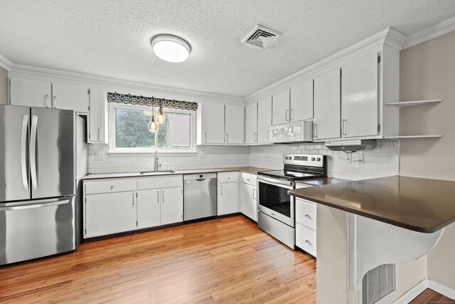 36 Wood Duck Ln Unit 36, Simsbury, CT 06081 - kitchen with appliances with stainless steel finishes, open shelves, a sink, ornamental molding, and light wood finished floors
