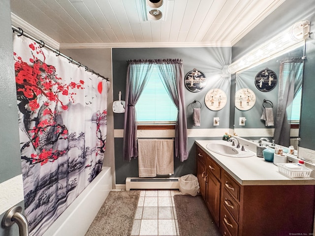 523 Wauregan Rd, Killingly, CT 06239 - bathroom featuring baseboard heating, crown molding, vanity, tile patterned flooring, and shower / tub combo with curtain
