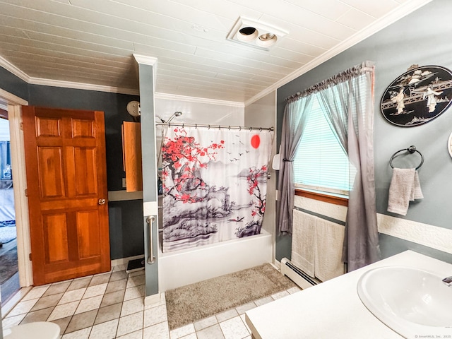 523 Wauregan Rd, Killingly, CT 06239 - bathroom featuring ornamental molding, a baseboard heating unit, shower / bath combination with curtain, vanity, and tile patterned flooring