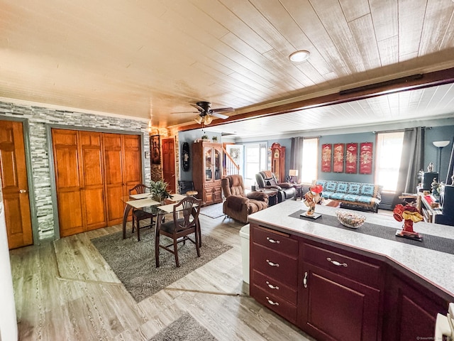 523 Wauregan Rd, Killingly, CT 06239 - kitchen with wooden ceiling, plenty of natural light, light wood-type flooring, a ceiling fan, and light countertops