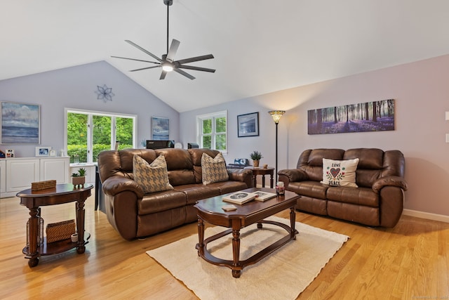 19 Ridgeview Dr, Ellington, CT 06029 - living room with ceiling fan, light wood-style flooring, vaulted ceiling, and baseboards