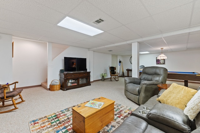 19 Ridgeview Dr, Ellington, CT 06029 - carpeted living room featuring baseboards, pool table, and a drop ceiling