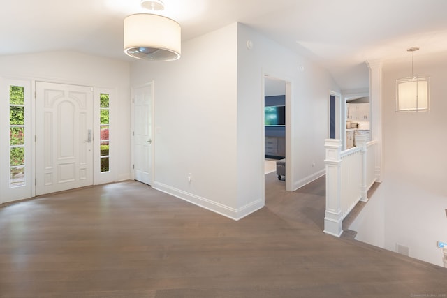 50 Parish Rd N, New Canaan, CT 06840 - foyer featuring dark wood-style floors, vaulted ceiling, and baseboards