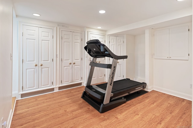 50 Parish Rd N, New Canaan, CT 06840 - exercise area featuring baseboards, light wood-style flooring, and recessed lighting