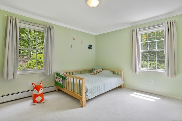 22 Gelding Hill Rd, Newtown, CT 06482 - bedroom with multiple windows, ornamental molding, carpet floors, baseboards, and a baseboard heating unit