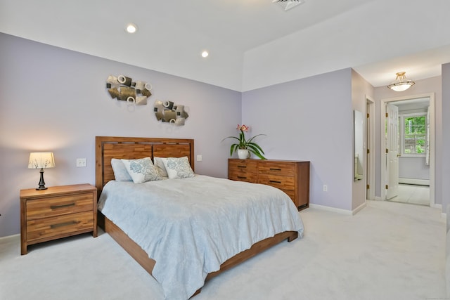 22 Gelding Hill Rd, Newtown, CT 06482 - bedroom with light colored carpet, baseboards, baseboard heating, and recessed lighting