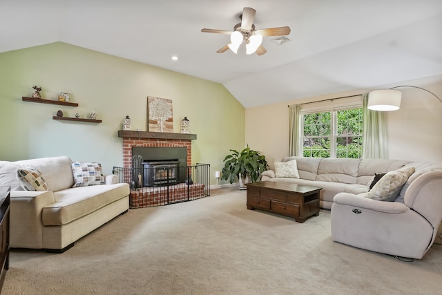 22 Gelding Hill Rd, Newtown, CT 06482 - living area with vaulted ceiling, ceiling fan, carpet, and a fireplace
