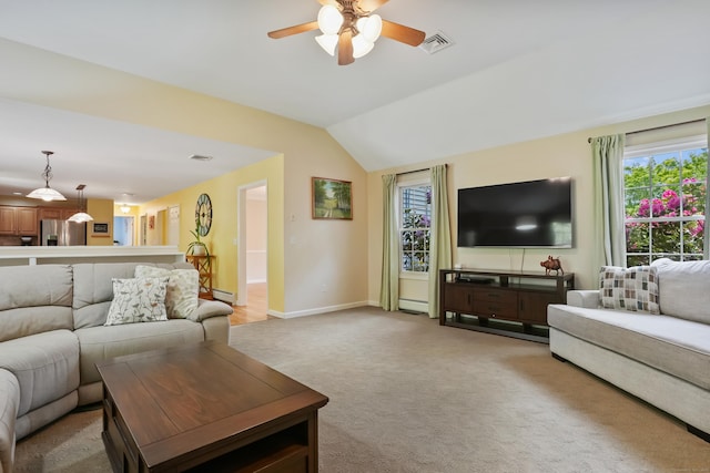 22 Gelding Hill Rd, Newtown, CT 06482 - living area with ceiling fan, healthy amount of natural light, vaulted ceiling, carpet floors, and baseboards