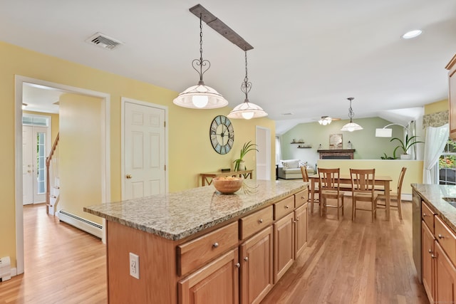 22 Gelding Hill Rd, Newtown, CT 06482 - kitchen featuring a baseboard radiator, light wood finished floors, pendant lighting, a kitchen island, and light stone counters