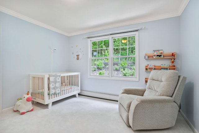 22 Gelding Hill Rd, Newtown, CT 06482 - bedroom featuring a baseboard radiator, carpet flooring, ornamental molding, a crib, and baseboards