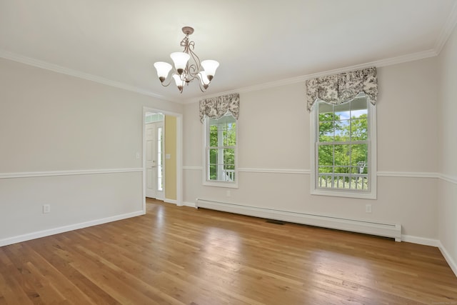 22 Gelding Hill Rd, Newtown, CT 06482 - unfurnished room with a baseboard radiator, a chandelier, wood finished floors, baseboards, and ornamental molding