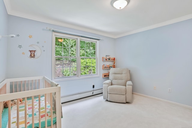 22 Gelding Hill Rd, Newtown, CT 06482 - bedroom featuring baseboard heating, crown molding, a nursery area, carpet flooring, and baseboards