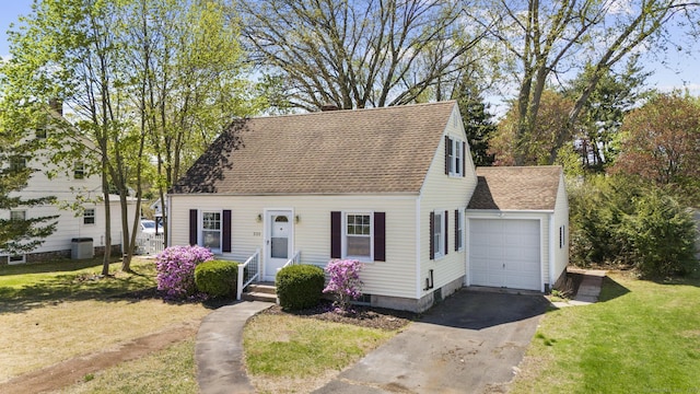 330 Meriden Ave, Southington, CT 06489 - cape cod home with asphalt driveway, an attached garage, a shingled roof, a front yard, and a chimney