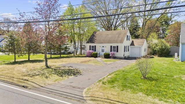 330 Meriden Ave, Southington, CT 06489 - cape cod house featuring a garage, asphalt driveway, a front lawn, and a shingled roof