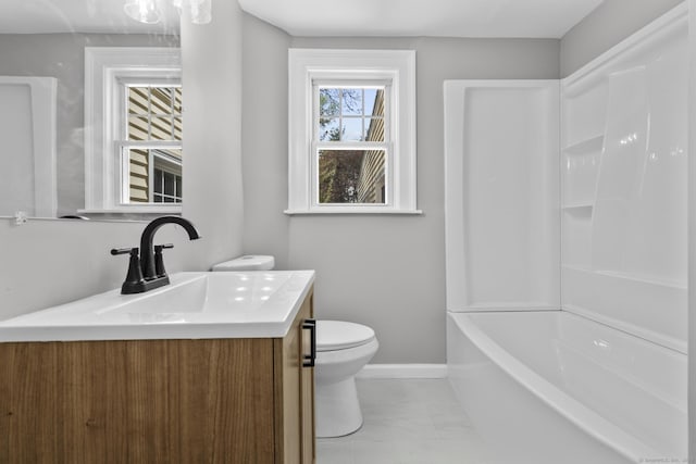 330 Meriden Ave, Southington, CT 06489 - bathroom featuring vanity, toilet, baseboards, shower / tub combination, and marble look tiles