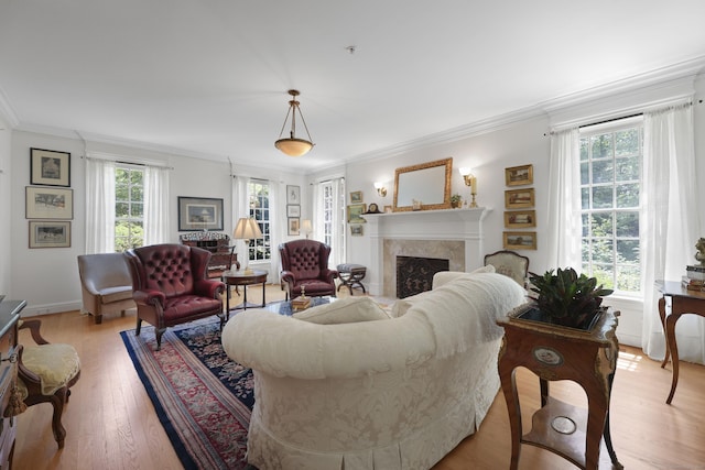 52 Dug Rd, Glastonbury, CT 06073 - living area with crown molding, a fireplace, light wood-type flooring, and baseboards