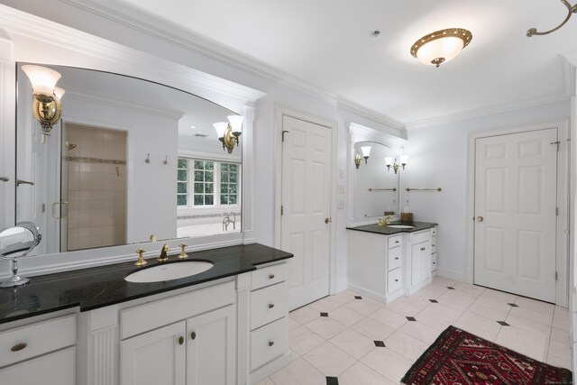 52 Dug Rd, Glastonbury, CT 06073 - full bathroom with vanity, a shower stall, a garden tub, crown molding, and tile patterned floors