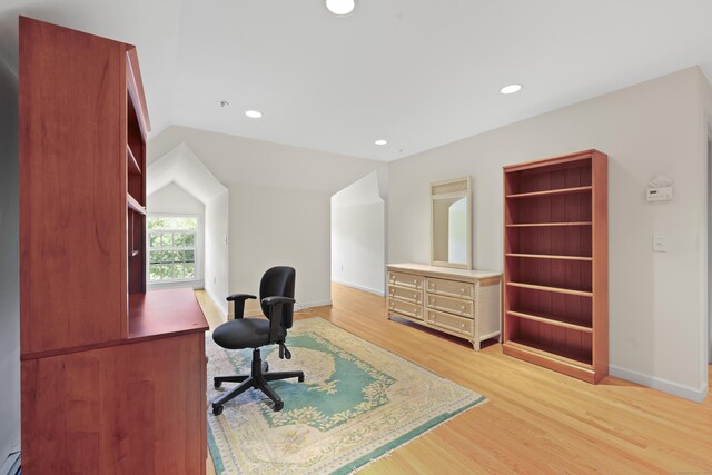52 Dug Rd, Glastonbury, CT 06073 - office area with light wood-style flooring, recessed lighting, baseboards, vaulted ceiling, and a baseboard heating unit