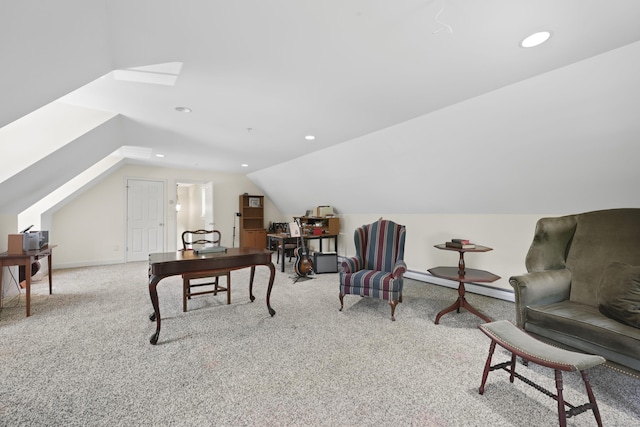 52 Dug Rd, Glastonbury, CT 06073 - office area featuring a skylight, vaulted ceiling, carpet flooring, a baseboard heating unit, and recessed lighting