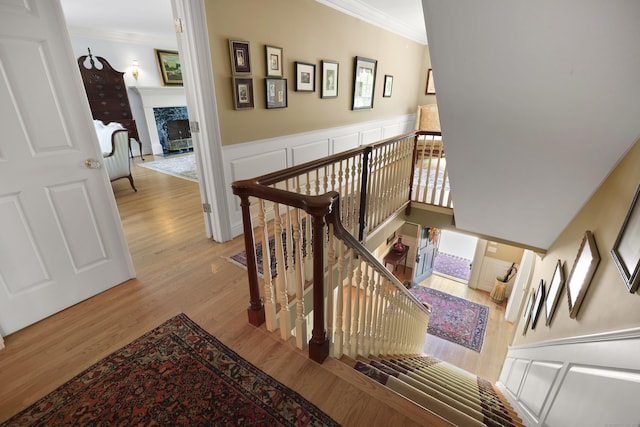 52 Dug Rd, Glastonbury, CT 06073 - staircase featuring ornamental molding, wood finished floors, a premium fireplace, and a wainscoted wall