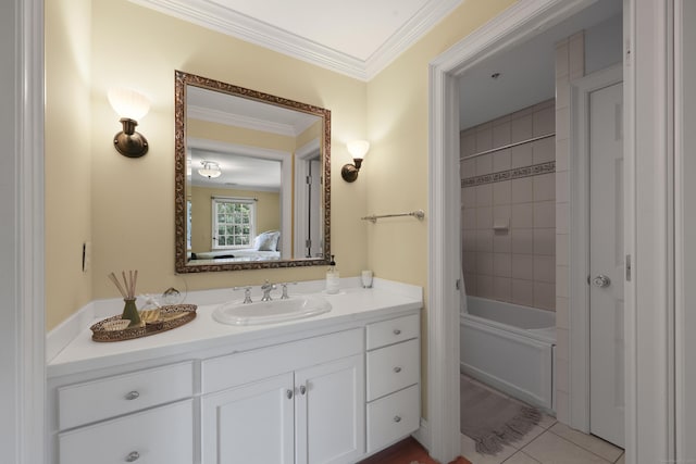 52 Dug Rd, Glastonbury, CT 06073 - ensuite bathroom with vanity, ornamental molding, and shower / bath combination