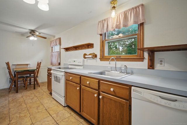 19 Litchfield Pl, Rocky Hill, CT 06067 - kitchen featuring white appliances, brown cabinetry, a ceiling fan, and light countertops