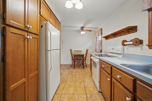 19 Litchfield Pl, Rocky Hill, CT 06067 - kitchen with white appliances, brown cabinets, ceiling fan, light countertops, and open shelves