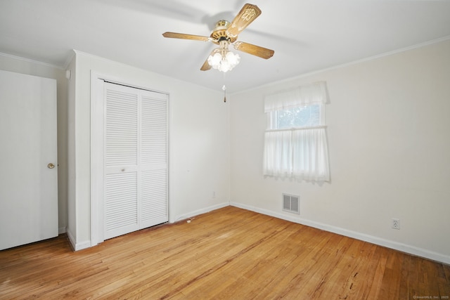 19 Litchfield Pl, Rocky Hill, CT 06067 - unfurnished bedroom featuring ornamental molding, light wood-style floors, a closet, and ceiling fan