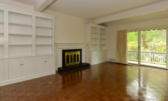 881 Heritage Vlg Unit B, Southbury, CT 06488 - unfurnished living room featuring a baseboard heating unit, a glass covered fireplace, beam ceiling, and built in features