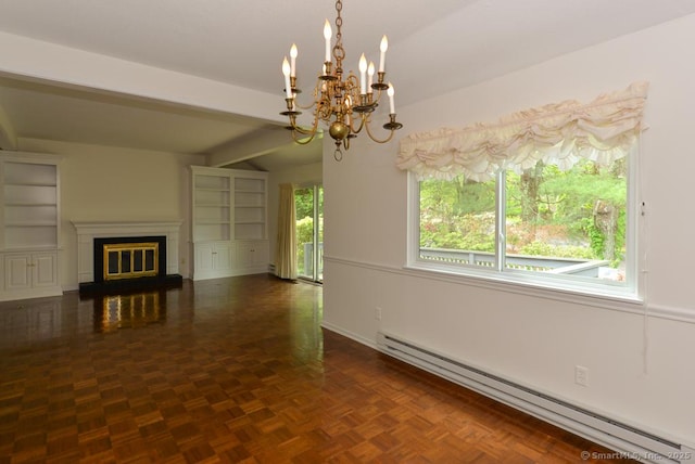 881 Heritage Vlg Unit B, Southbury, CT 06488 - unfurnished living room featuring a baseboard heating unit, a chandelier, a glass covered fireplace, beamed ceiling, and baseboards
