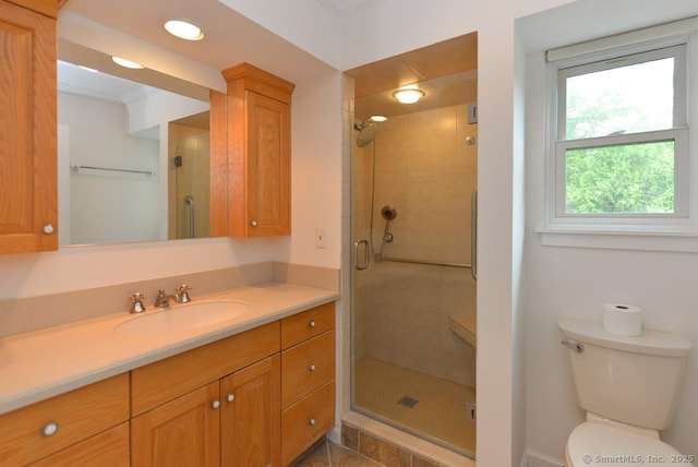 881 Heritage Vlg Unit B, Southbury, CT 06488 - bathroom featuring vanity, a shower stall, and toilet